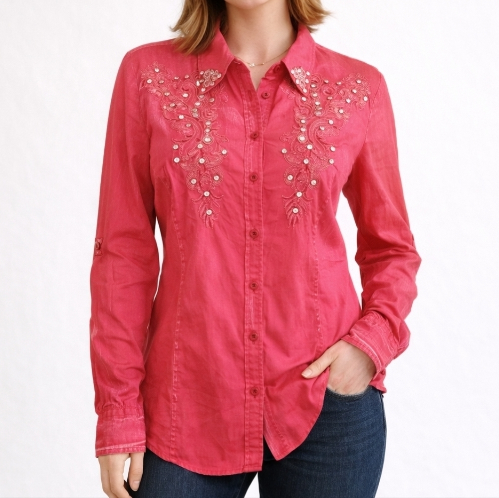 ROAR Hot Pink Embellished Sainthood Western Button-Up Shirt